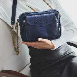 Shop Claris Virot Big Charly Bag Navy Golden Hardware Python