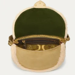 New Claris Virot Big Victoria Bag Olive Suede Embroidered And Cream Shearling