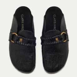 Flash Sale Claris Virot Georgette Mules Black Lizard Golden Hardware