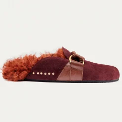 New Claris Virot Georgette Mules Hot Wine Leather And Brick Shearling