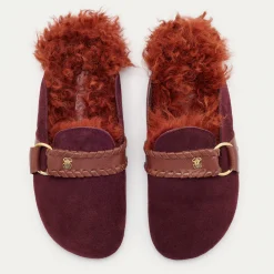 New Claris Virot Georgette Mules Hot Wine Leather And Brick Shearling