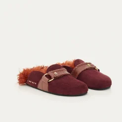New Claris Virot Georgette Mules Hot Wine Leather And Brick Shearling