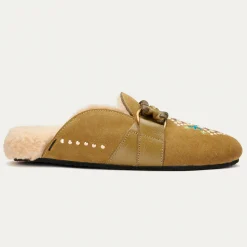 Sale Claris Virot Georgette Mules Olive Leather Embroidered And Cream Shearling