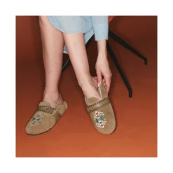 Sale Claris Virot Georgette Mules Olive Leather Embroidered And Cream Shearling
