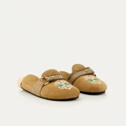 Sale Claris Virot Georgette Mules Olive Leather Embroidered And Cream Shearling