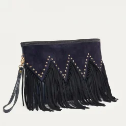 New Claris Virot Lou Clutch Black And Navy Fringes Python