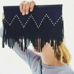 New Claris Virot Lou Clutch Black And Navy Fringes Python