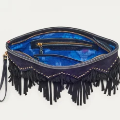 New Claris Virot Lou Clutch Black And Navy Fringes Python