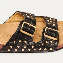 Cheap Claris Virot Odette Sandals Black Python Golden Hardware