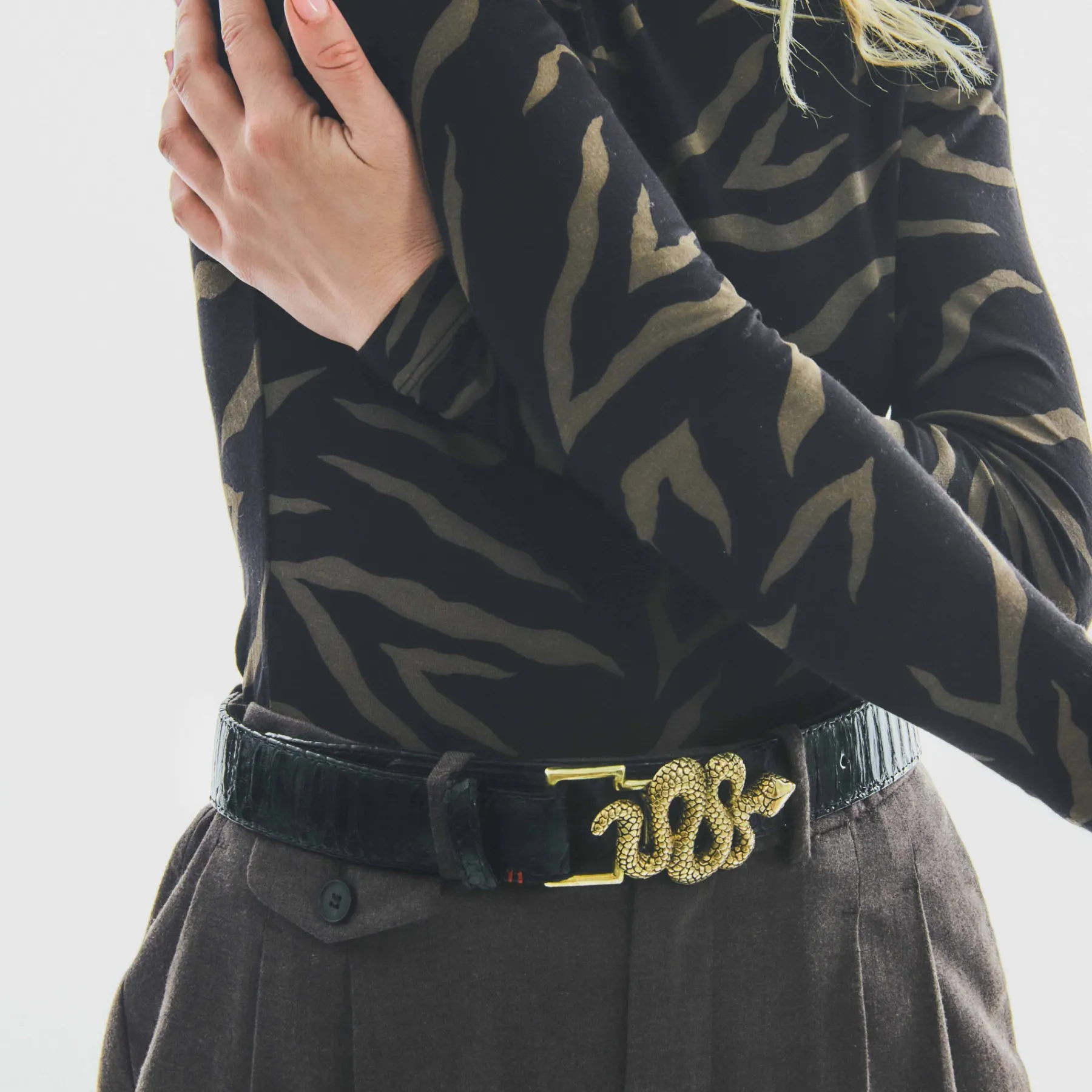 New Claris Virot Snake Belt Black Python Gold Buckle