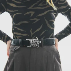 Cheap Claris Virot Turtle Belt Black Python Silver Buckle