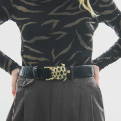 Cheap Claris Virot Turtle Belt Black Python Gold Buckle